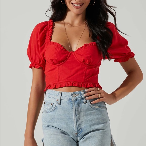 NWT ASTR Feronia Red Puff Sleeve Sweetheart Top - Picture 3 of 13